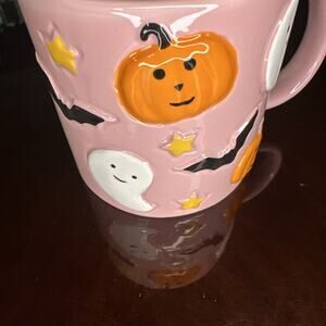Lang by Design Large Halloween Mug Pink With Friendly Pumpkins Bats Ghosts Stars
